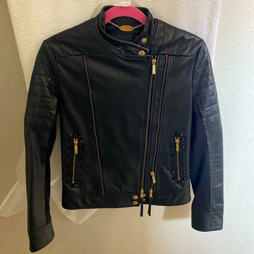 Just Cavalli Black Genuine Leather Jacket Gold Zipper Hardware and Studs